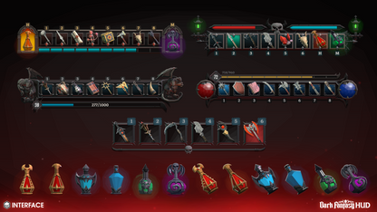 Dark Fantasy HUD game interface with character stats and equipment on a dark background