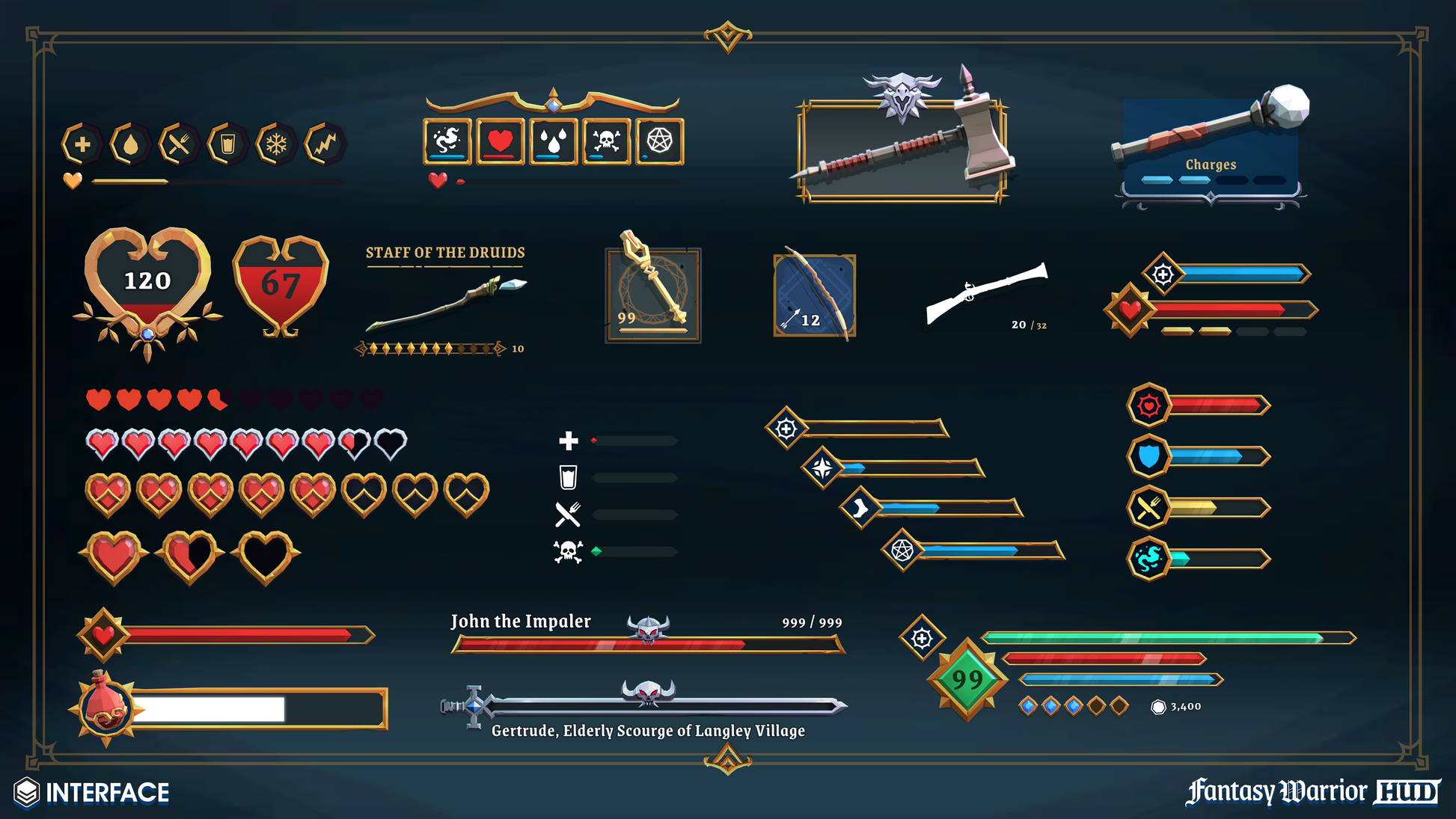 Examples game UI action bars, health icons, magic and healing effects with other components from the Fantasy Warrior HUD pack