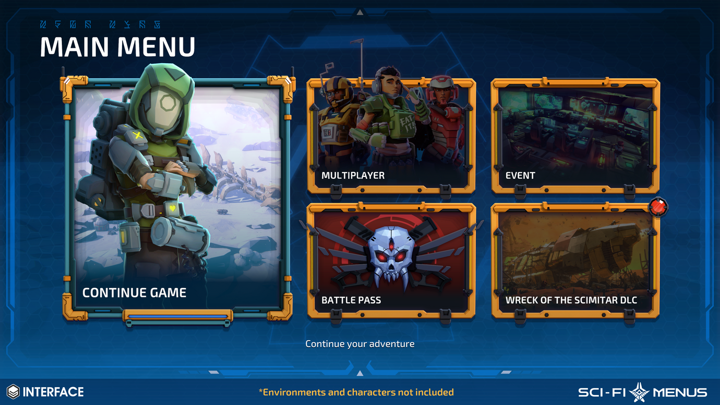 Game interface with character selection and main menu options including battle pass, events, multiplayer and continue from last saved game