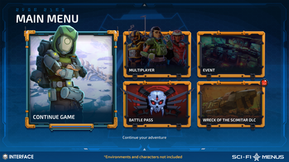Game interface with character selection and main menu options including battle pass, events, multiplayer and continue from last saved game