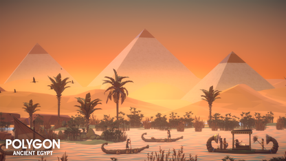 3D Ancient Egyptian pyramids at sunset with boats in a river