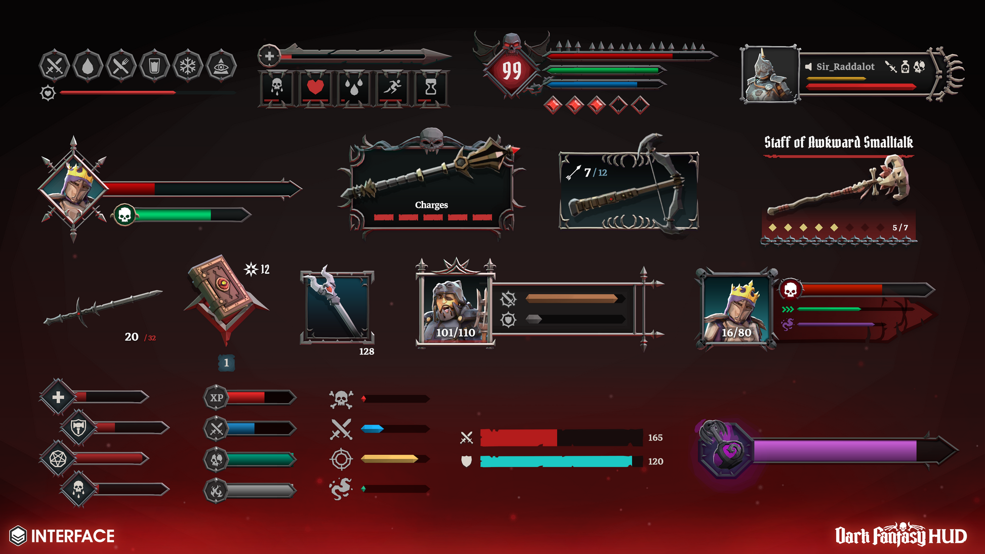Game interface with various items and stats on a dark background