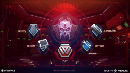 Main menu interface in red with sci-fi design elements on a dark background
