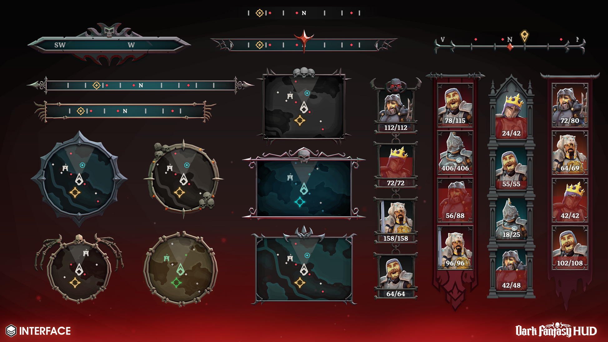 Dark fantasy game interface with character portraits, health bars, and resource counters.