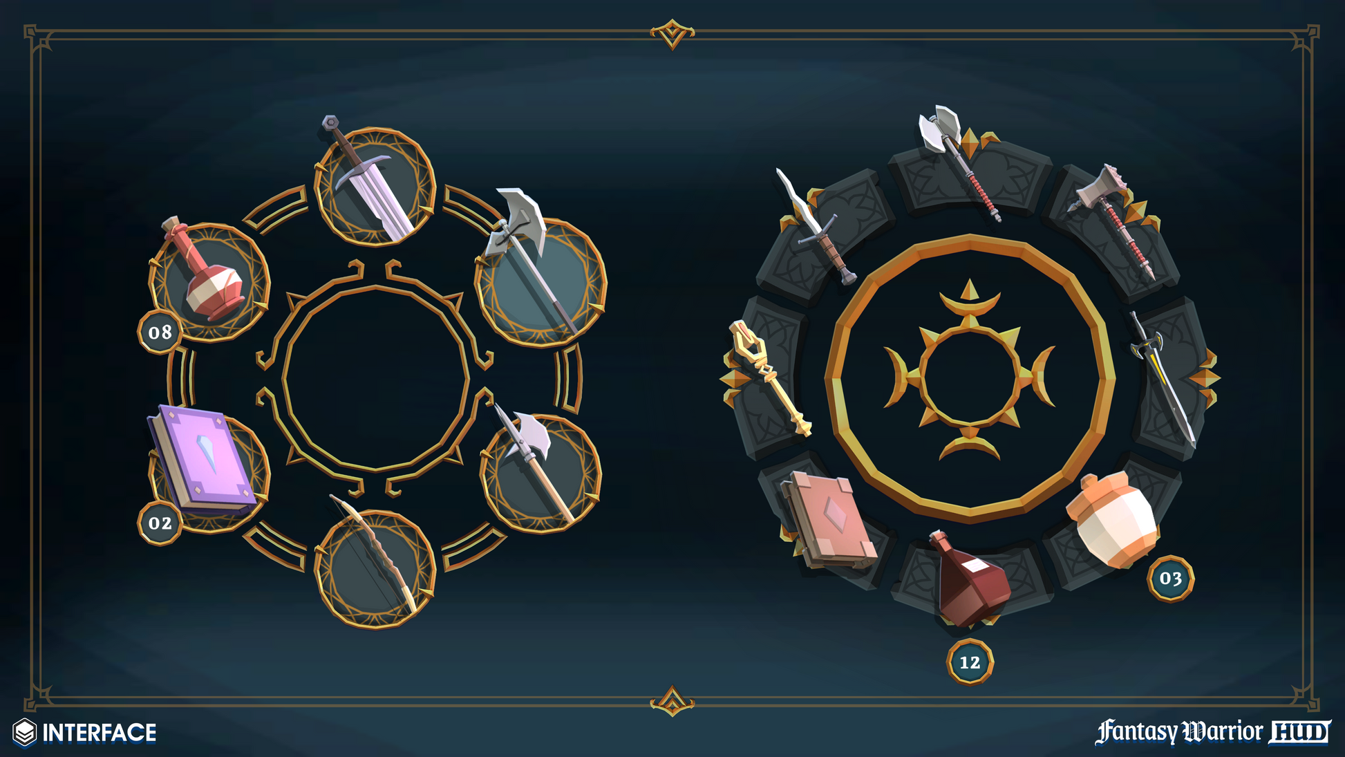 Two action bar and weapon wheel examples for fantasy game HUD's