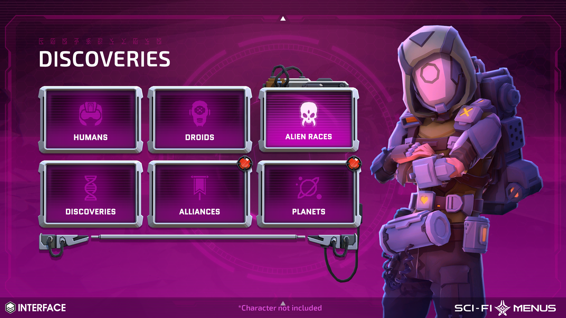 Sci-fi menu interface with character and discovery options on a purple background
