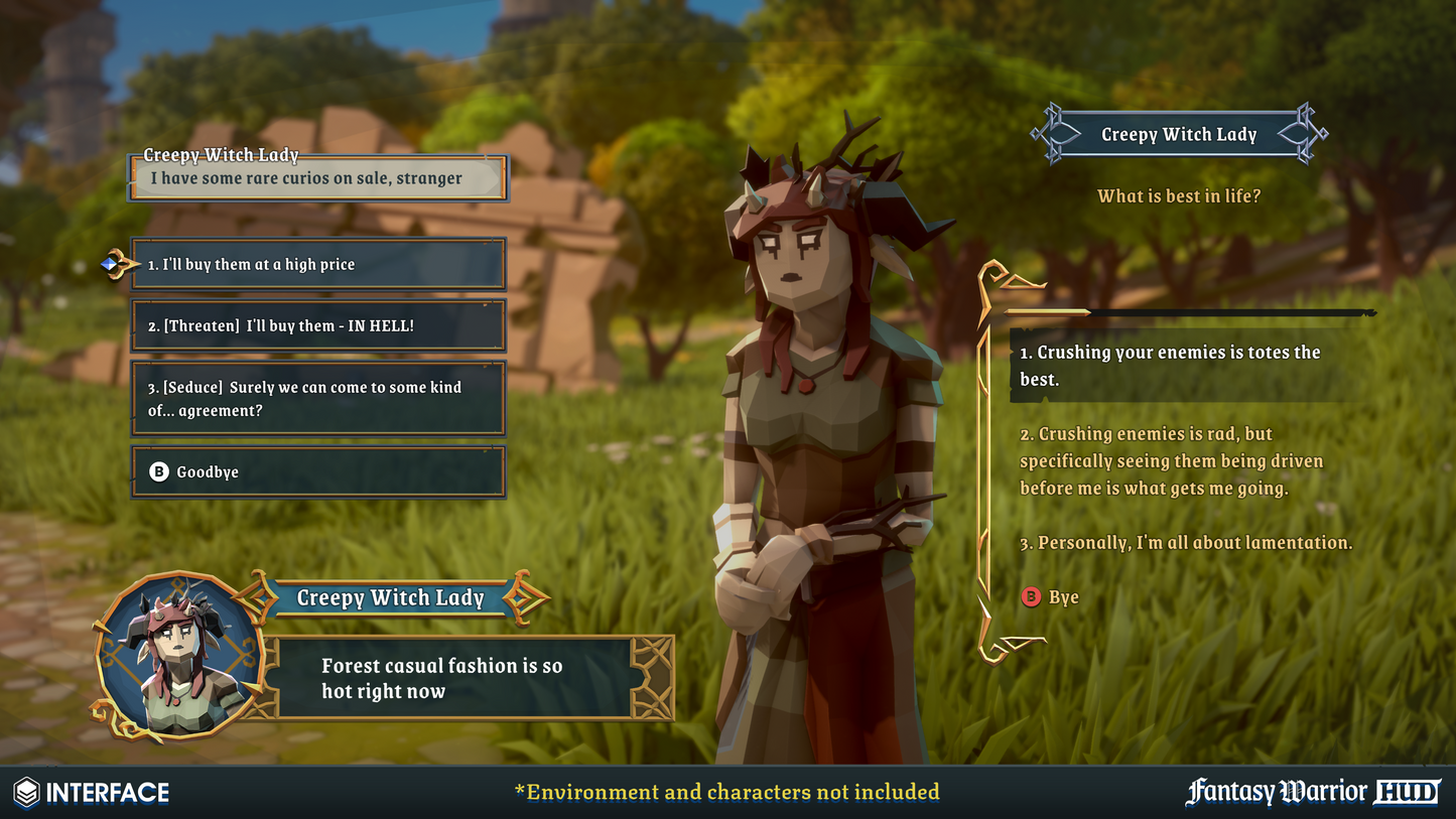 Fantasy game dialogue HUD example built with fullscreen effects, fullscreen overlays and input ineractions