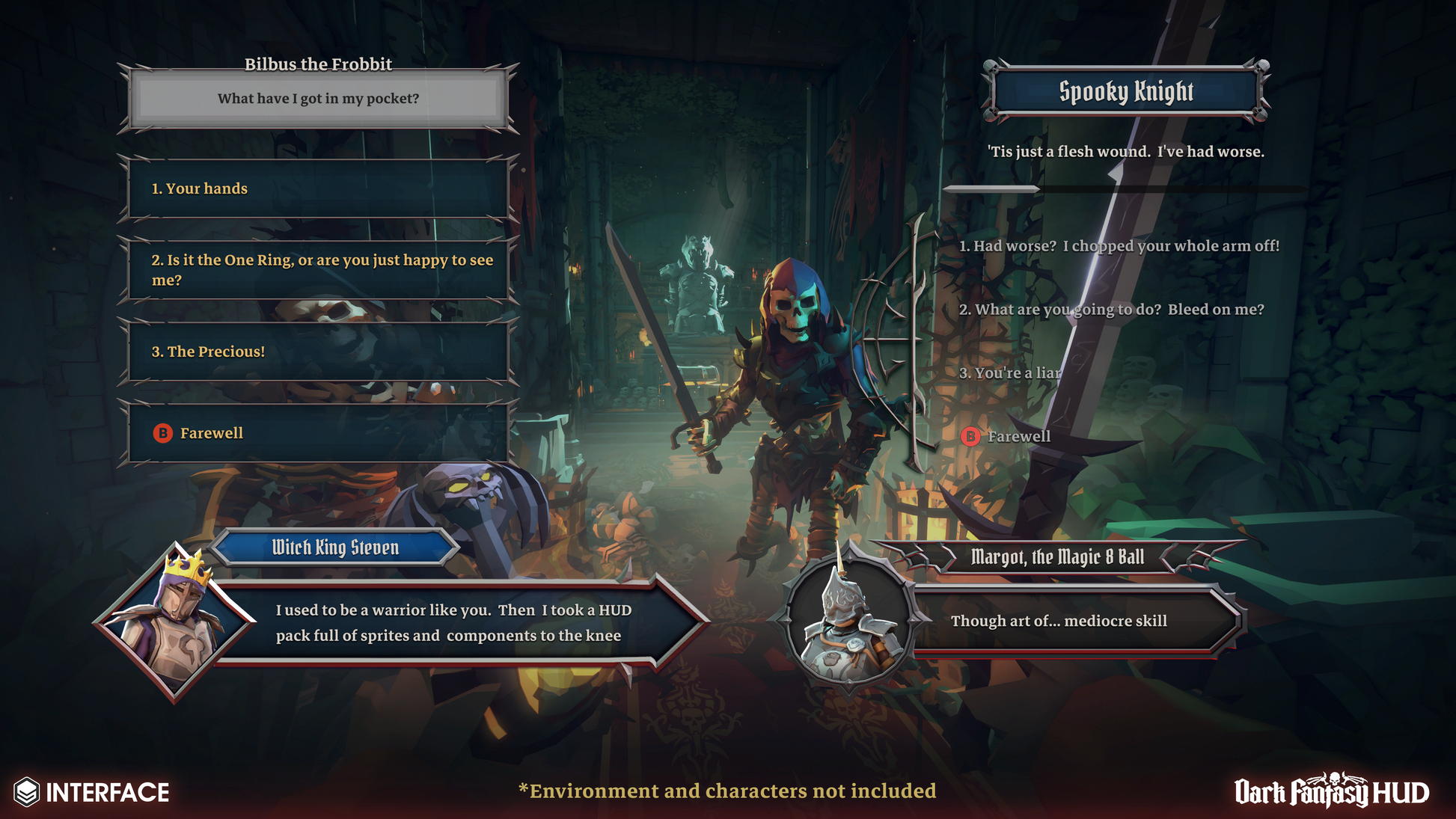 Game interface with character options and dialogue boxes in a dark, fantasy setting.