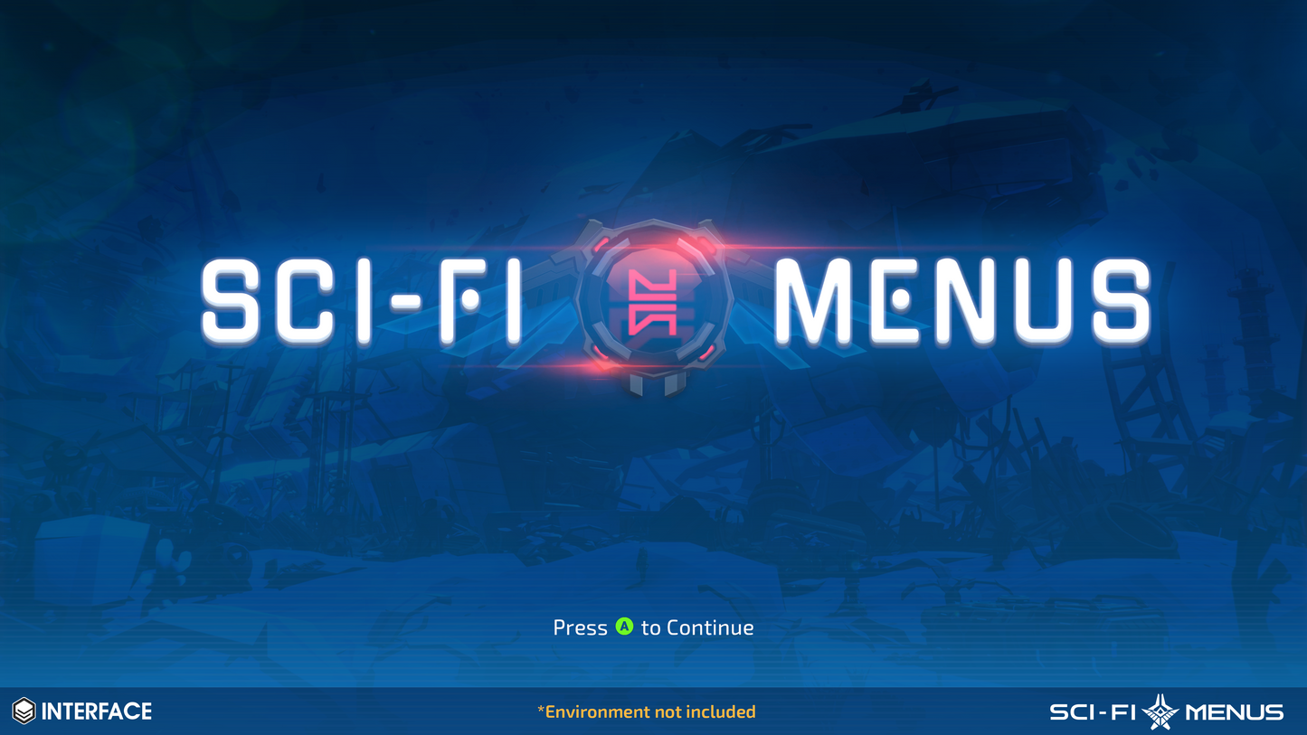 Sci-fi menu screen with text and interface elements on a dark blue background