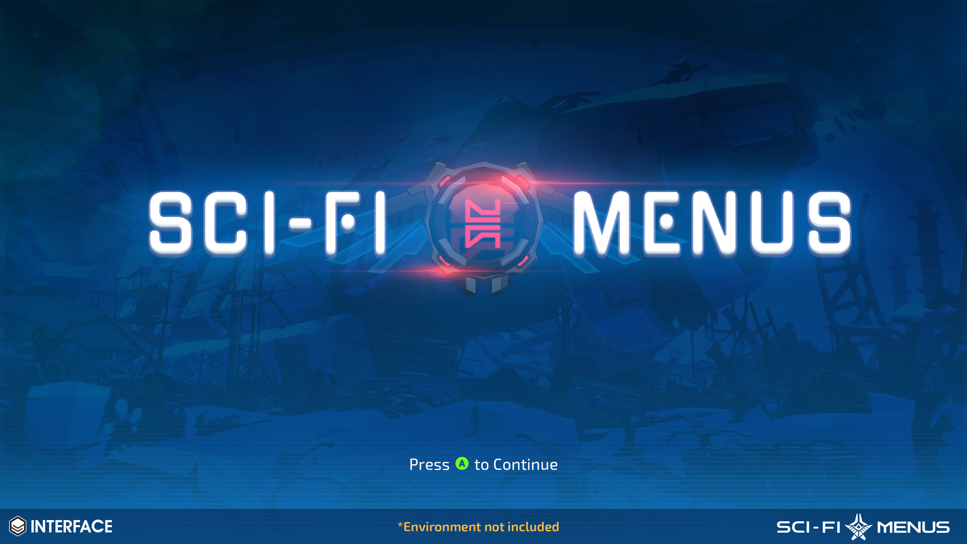 Sci-fi menu screen with text and interface elements on a dark blue background