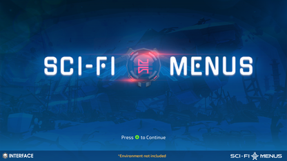 Sci-fi menu screen with text and interface elements on a dark blue background