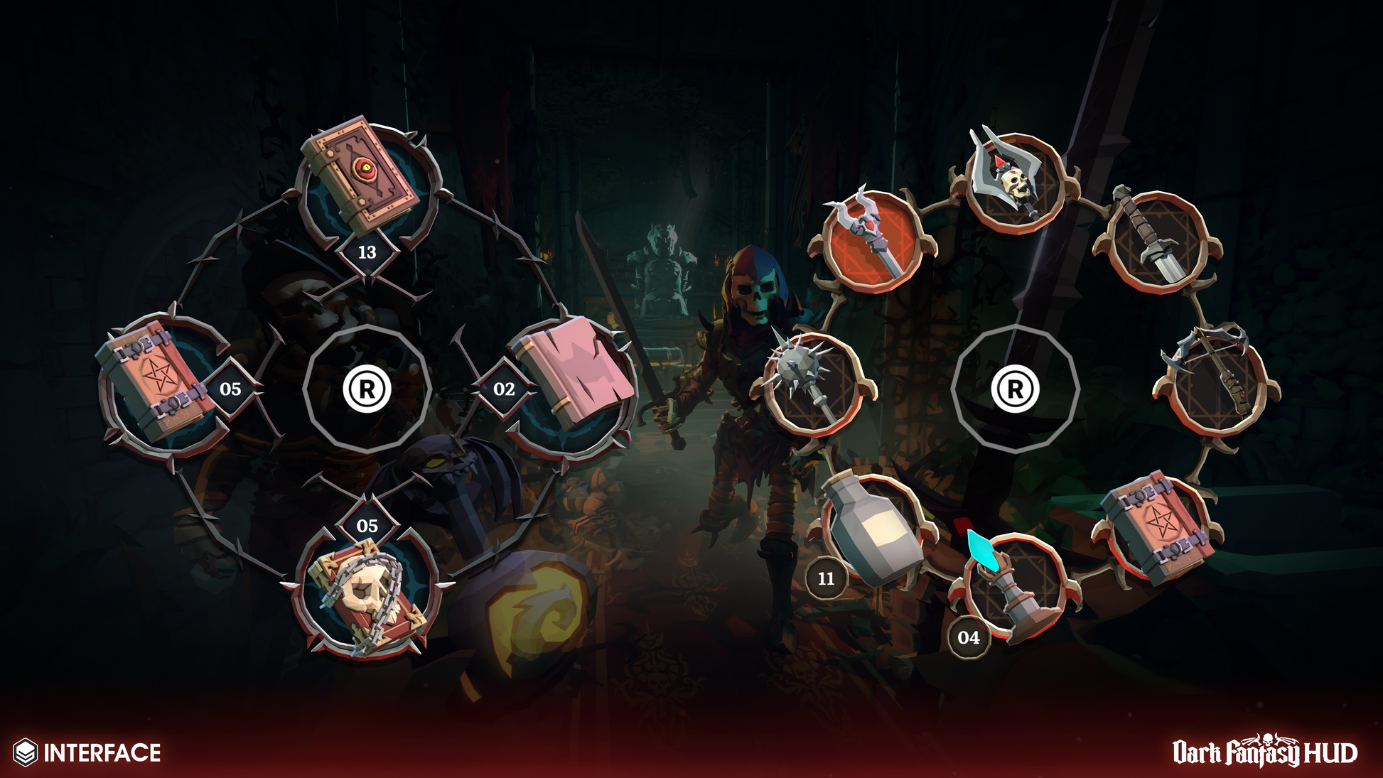 Dark fantasy game interface with character and item selection on a dark background