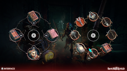 Dark fantasy game interface with character and item selection on a dark background