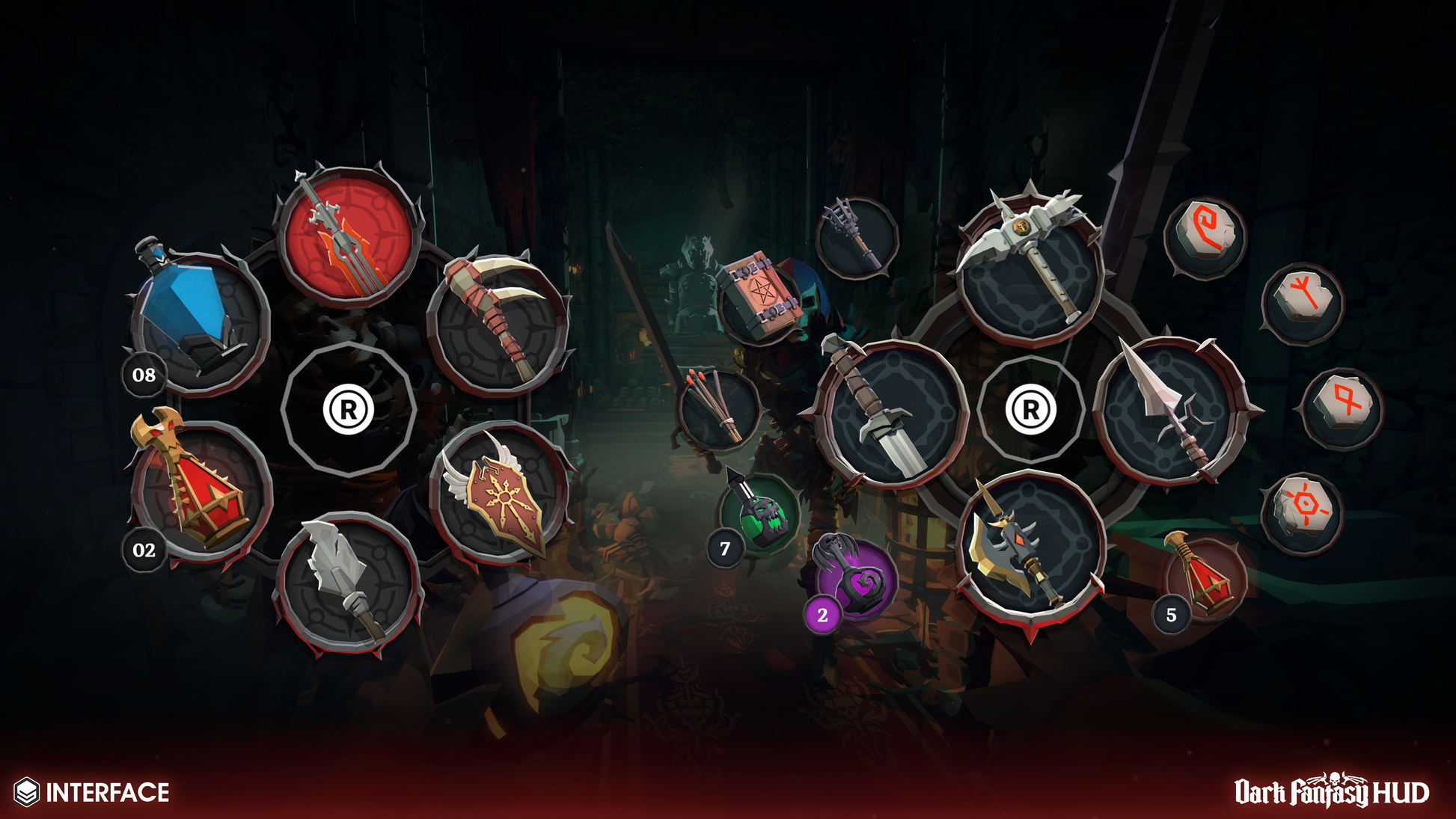 Game interface with various equipment icons and weapon elements on a dark background
