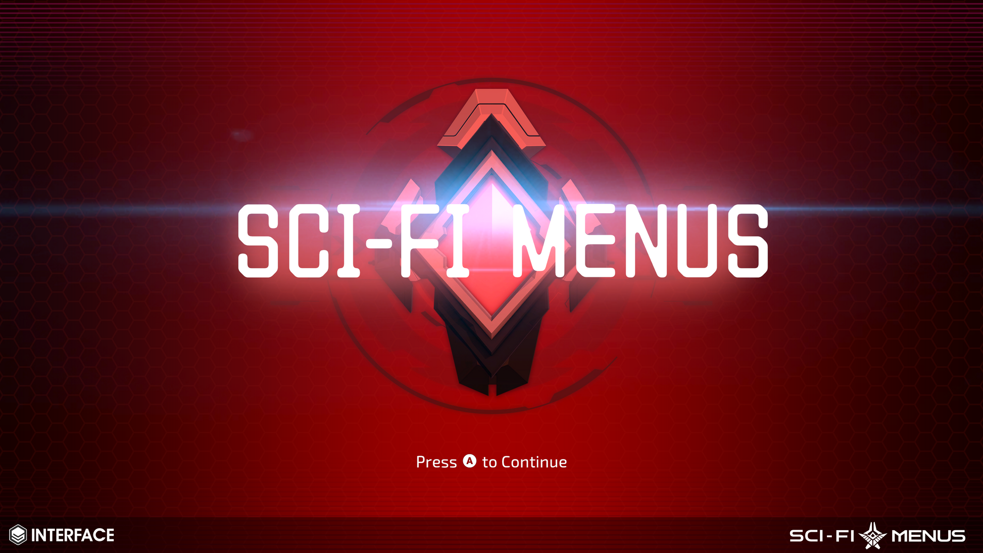 Sci-fi title menu screen interface with a red background and futuristic design.