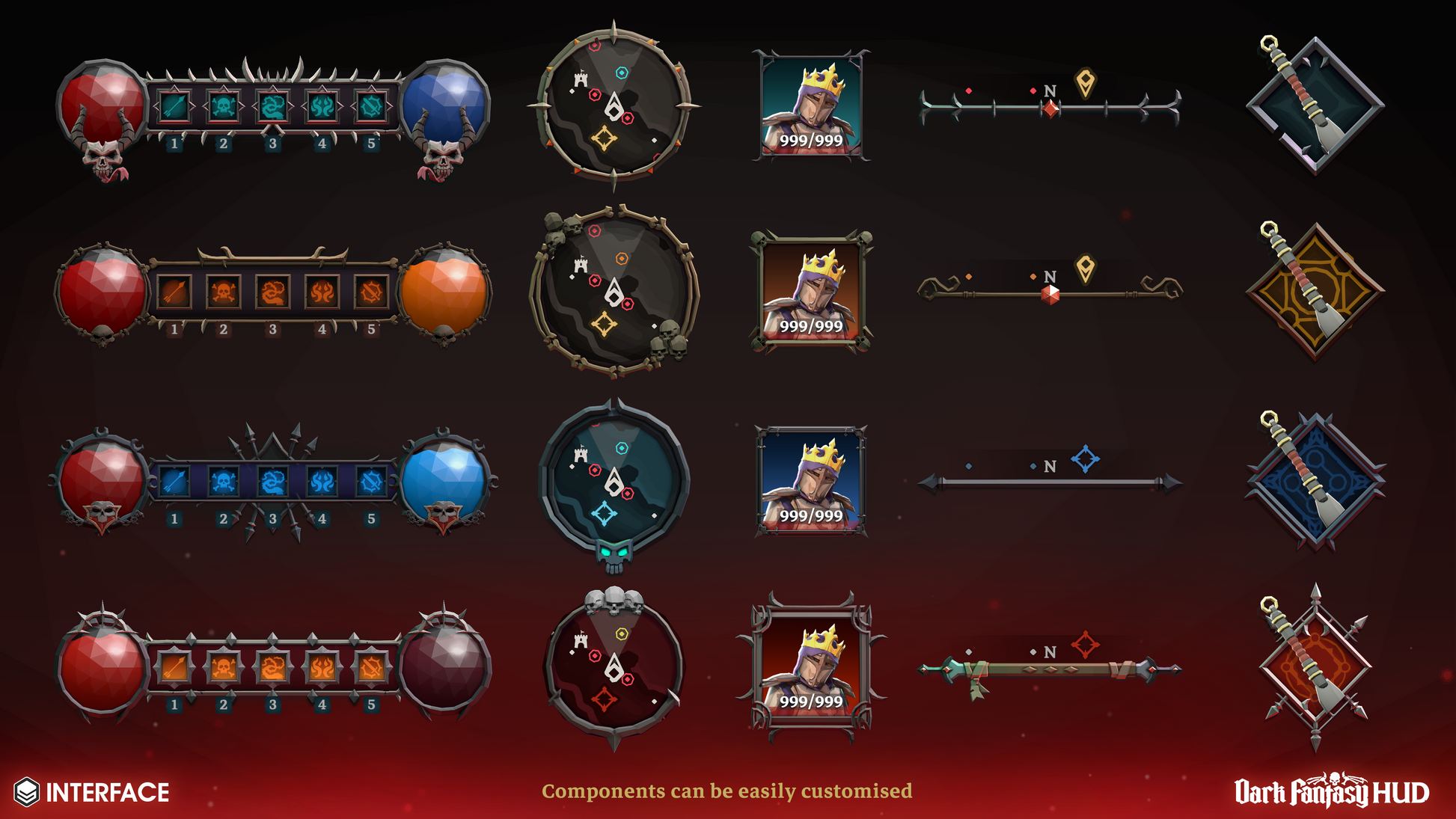 Dark fantasy game interface components on a red and black background