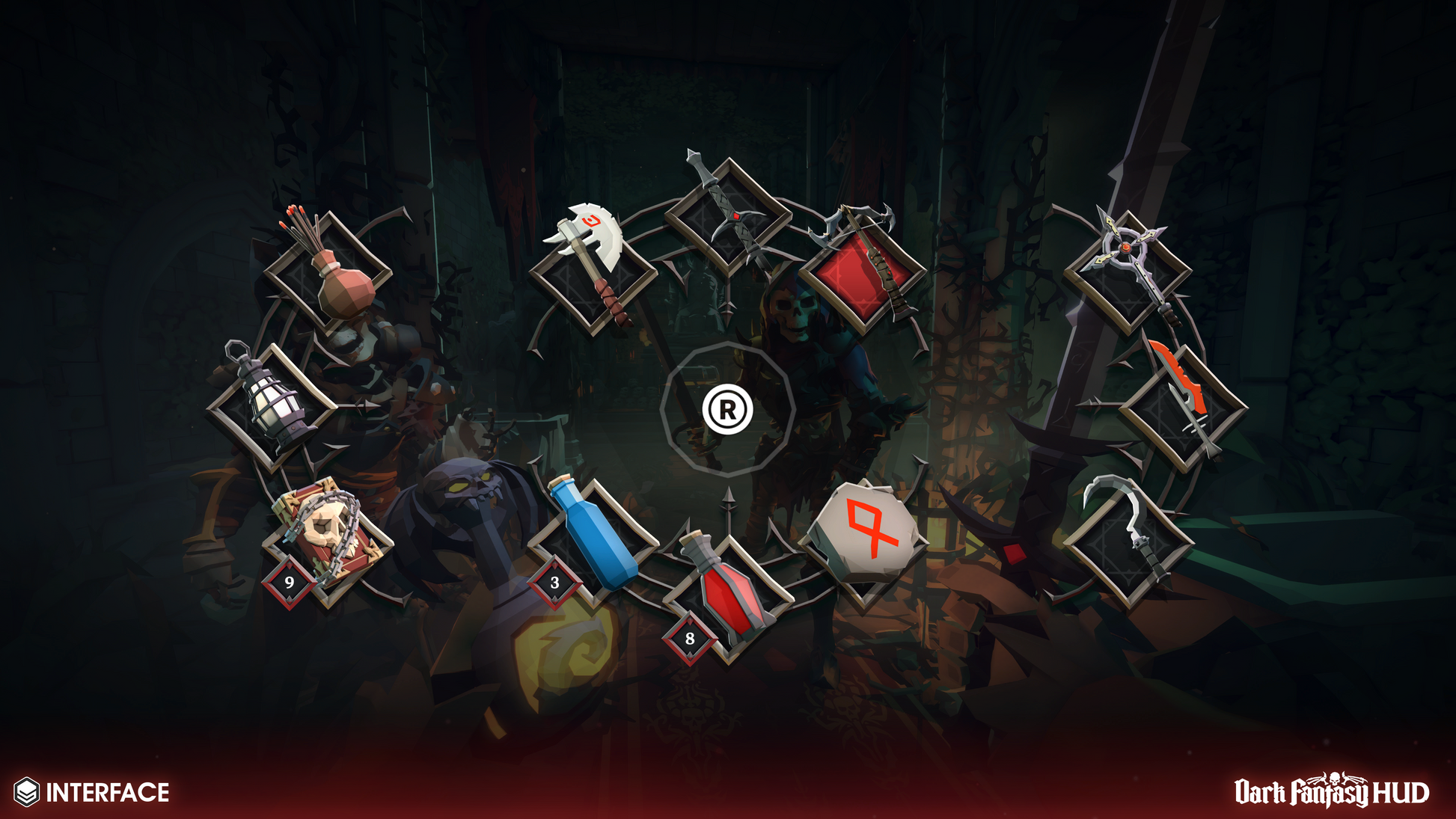 Dark fantasy game interface with character equipment and weapon item icons on a dark background