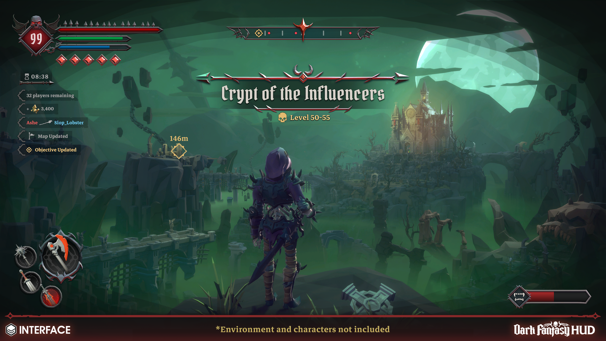 Game screen from Dark Fantasy HUD showing a character in a mystical forest with a castle in the background.