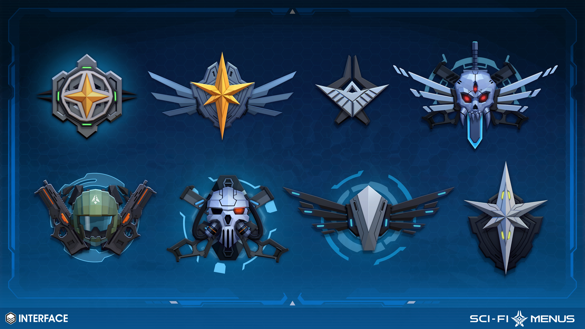 Sci-fi menu icon crests showcasing various futuristic designs on a blue background