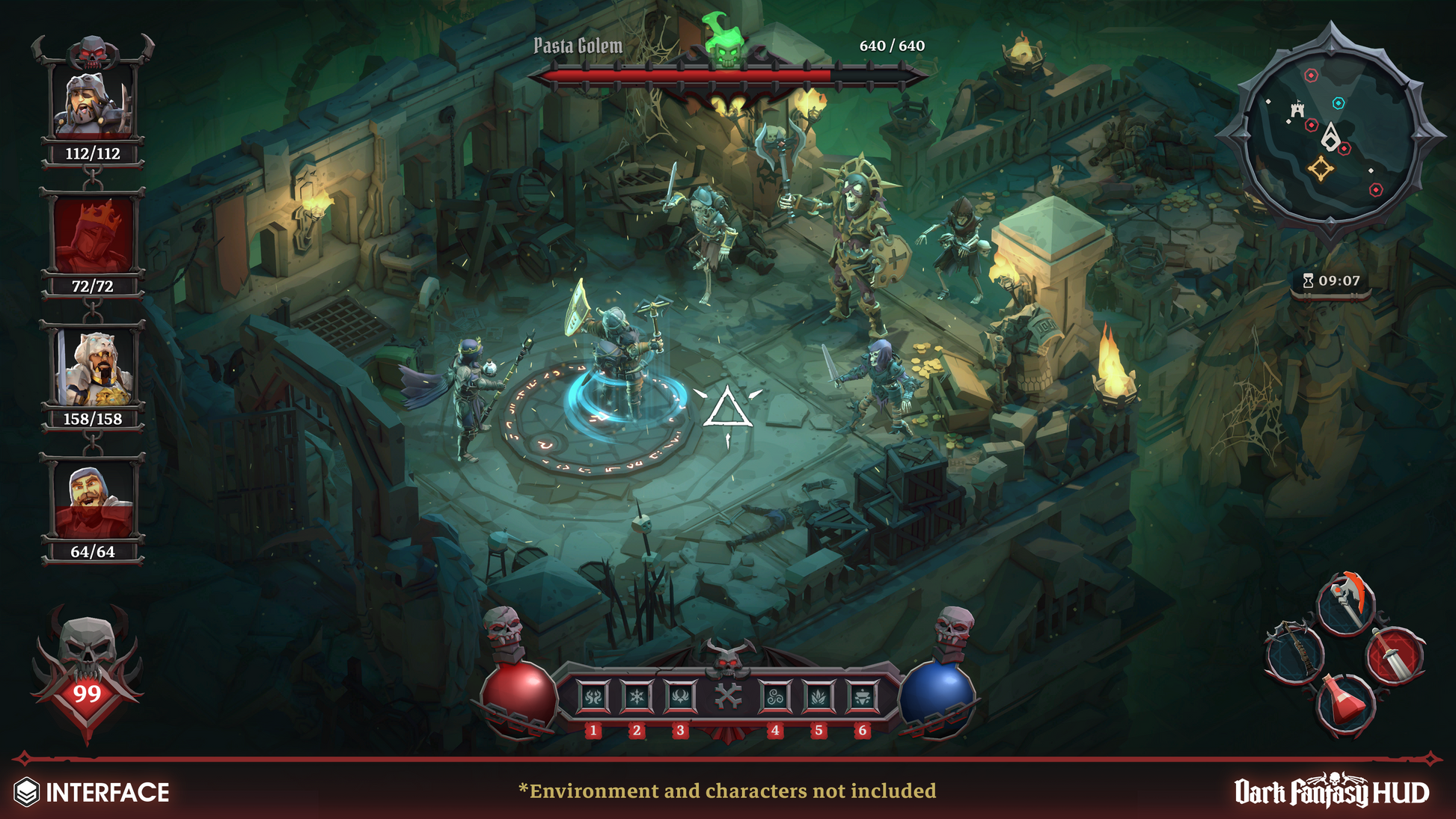 Game interface with character selection and battle scene in a dark fantasy turn based game setting