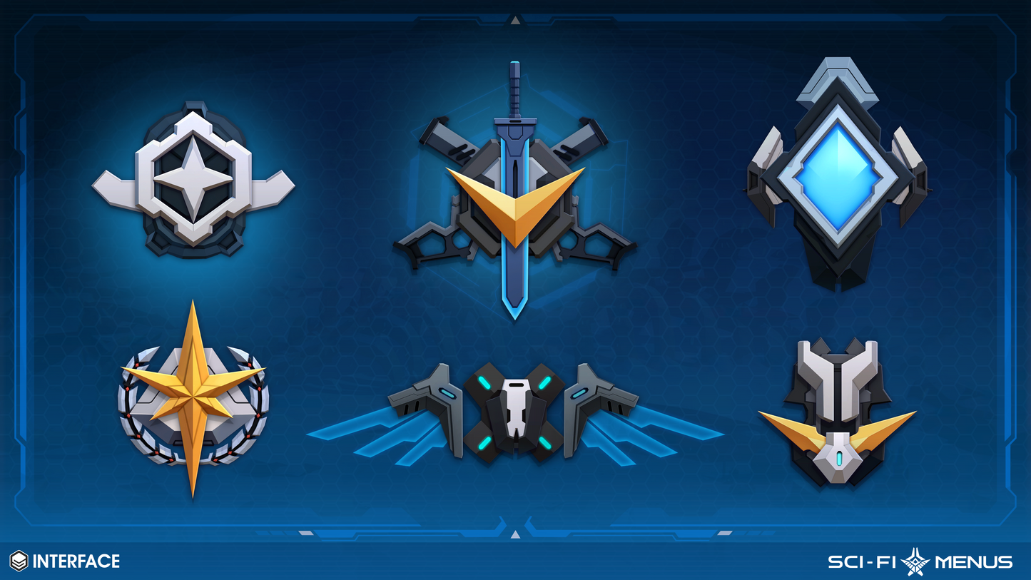 Sci-fi menu icon crests displaying various design options