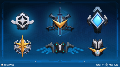 Sci-fi menu icon crests displaying various design options