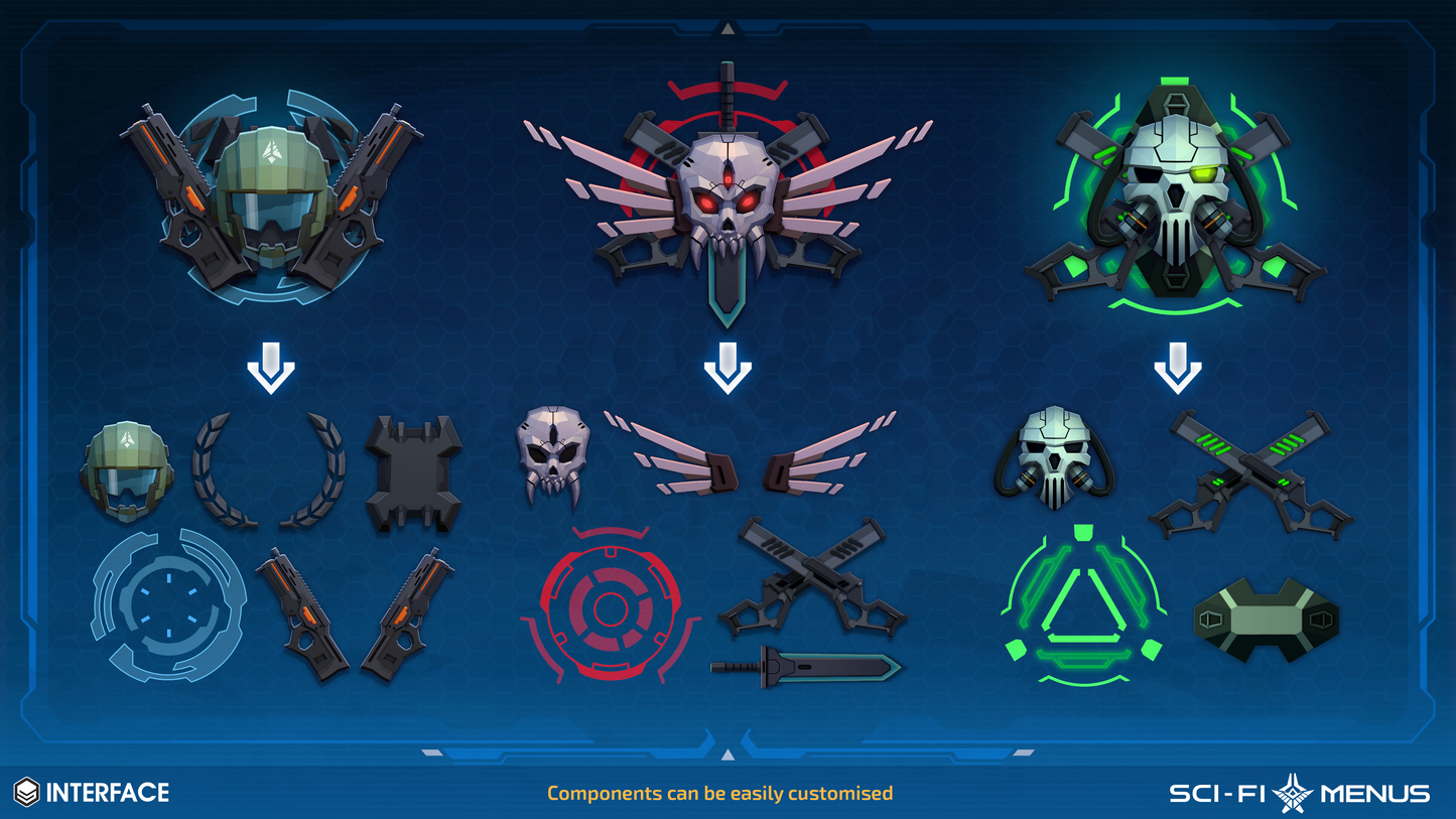 Collection of sci-fi interface components with customizable options on a blue background.