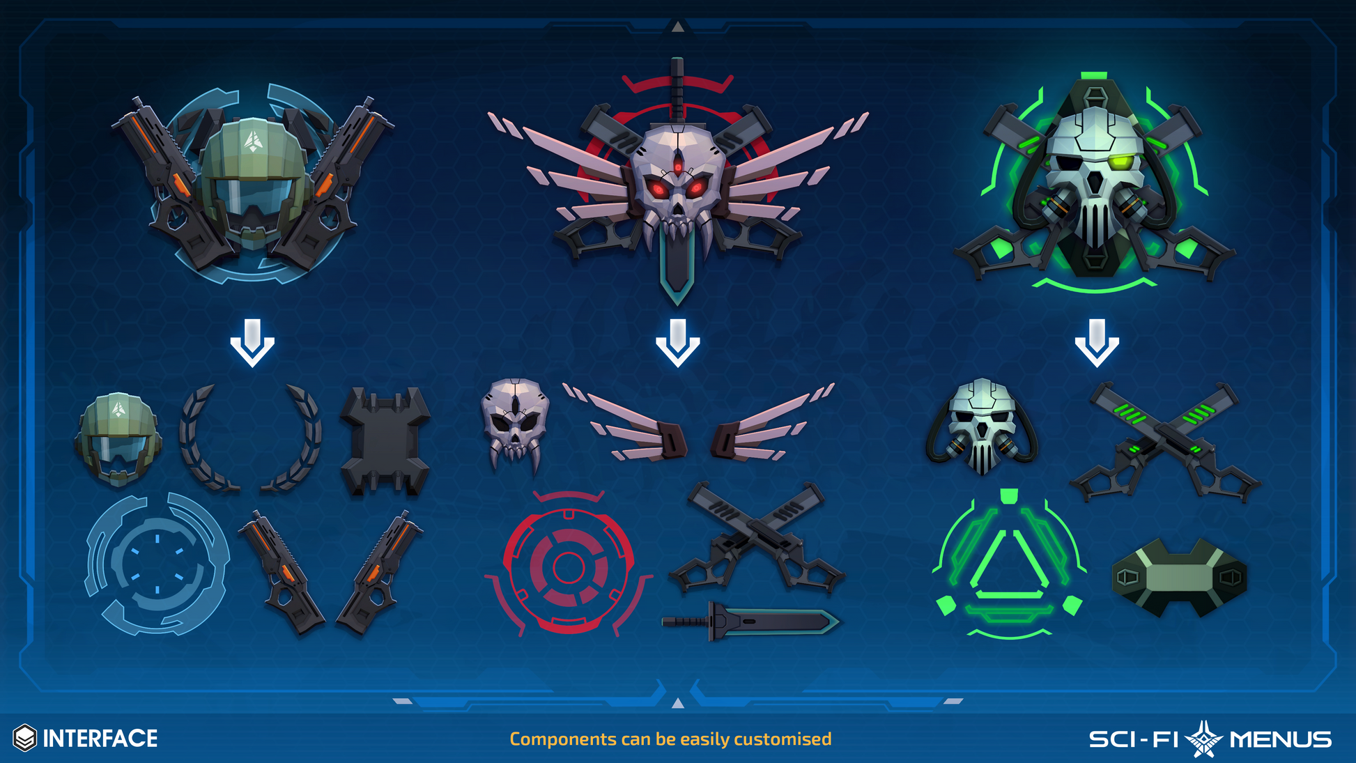 Collection of sci-fi interface components with customizable options on a blue background.