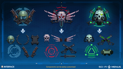 Collection of sci-fi interface components with customizable options on a blue background.