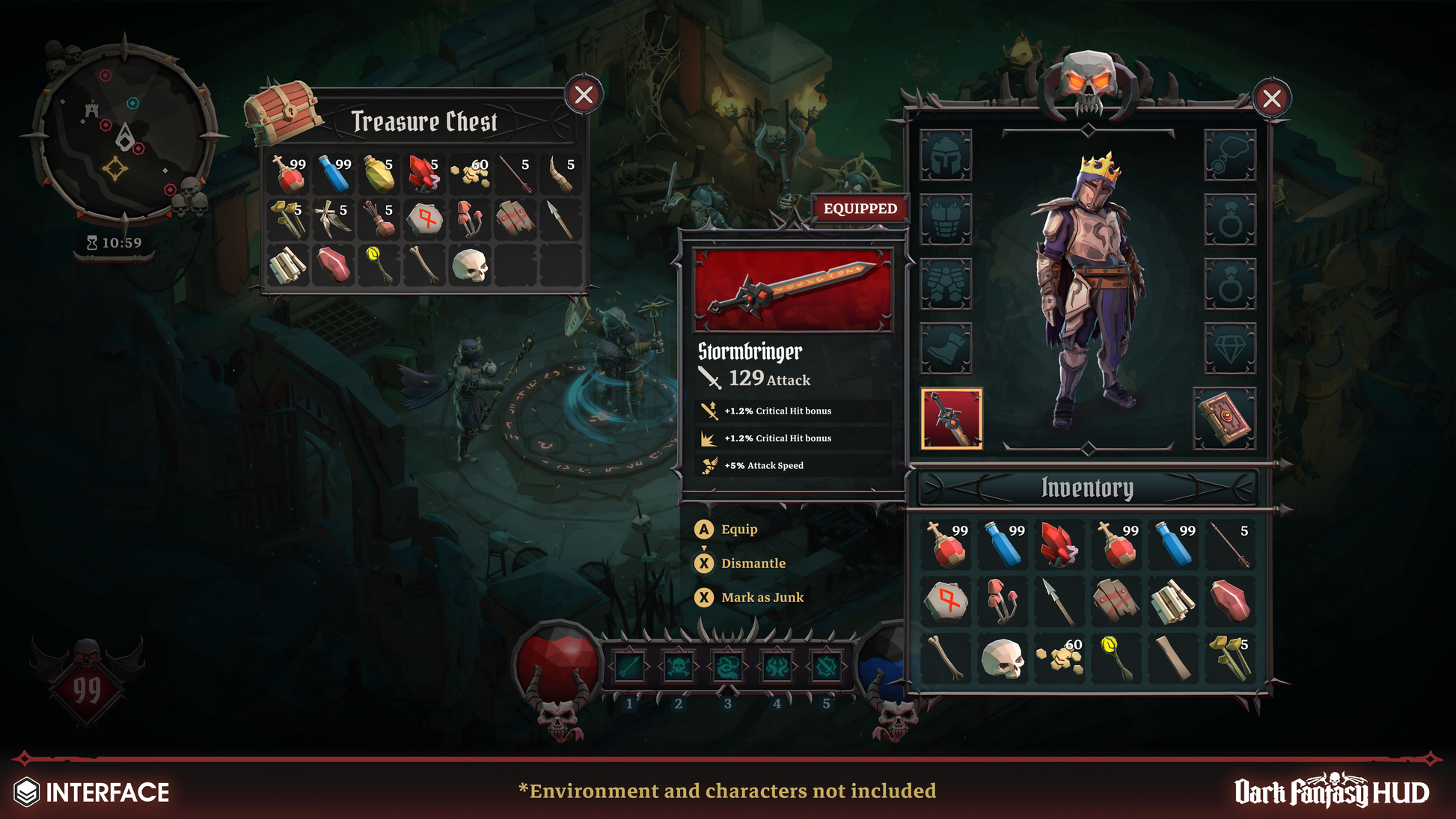 Game interface showing inventory and character stats with a dark fantasy theme.