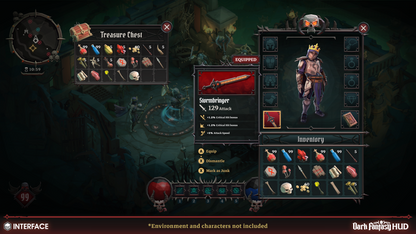 Game interface showing inventory and character stats with a dark fantasy theme.