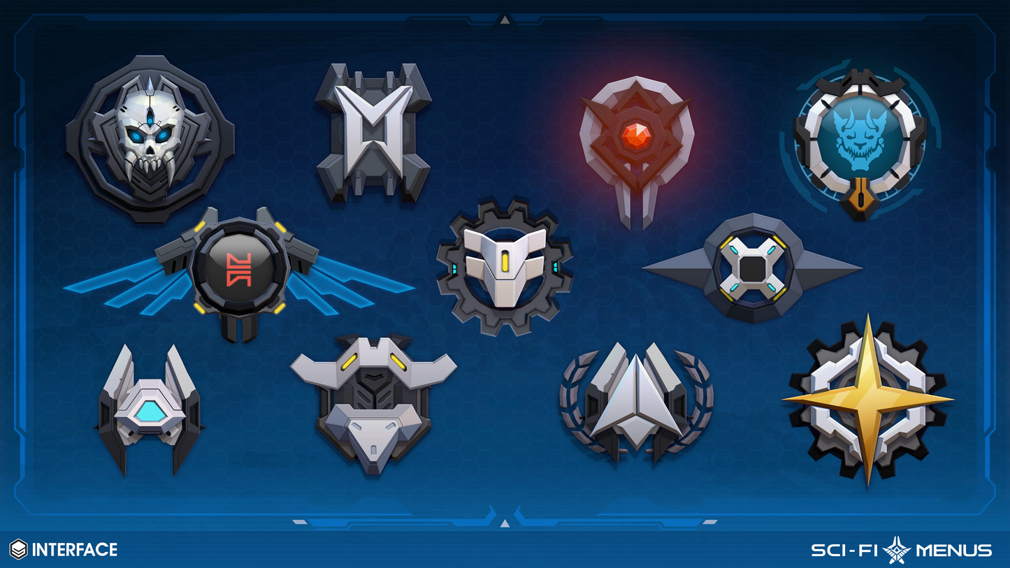 Collection of sci-fi menu crests and icons on a dark blue background