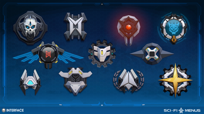 Collection of sci-fi menu crests and icons on a dark blue background