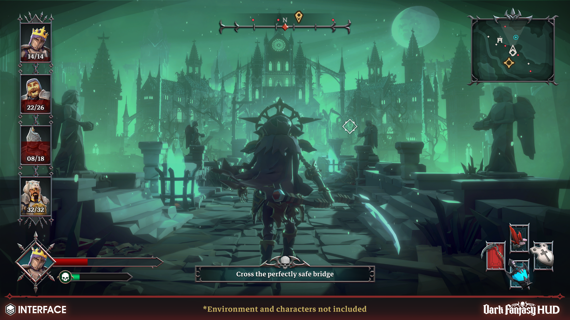 Dark fantasy game interface with character selection and environment view.