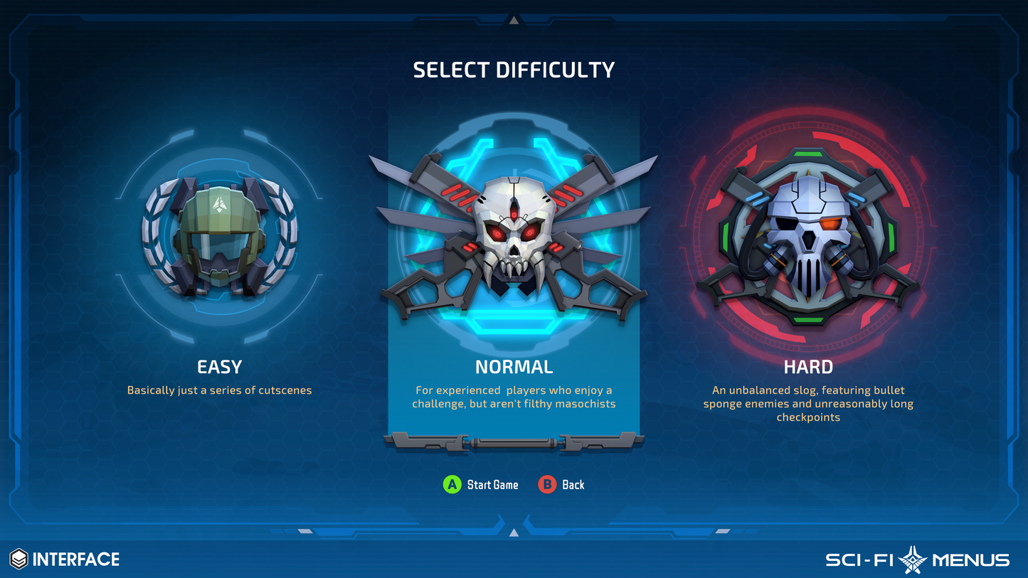 Difficulty selection screen with 'Easy', 'Normal', and 'Hard' options