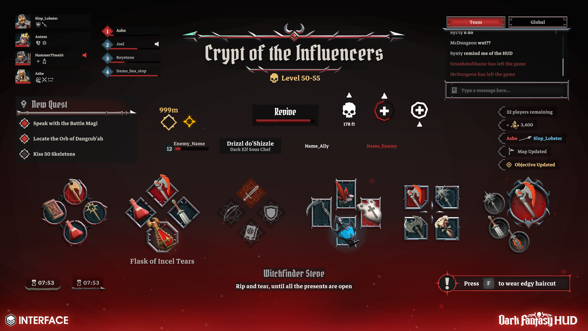 Game interface of Crypt of the Influencers with character portraits, quest logs, and game options on a dark background.