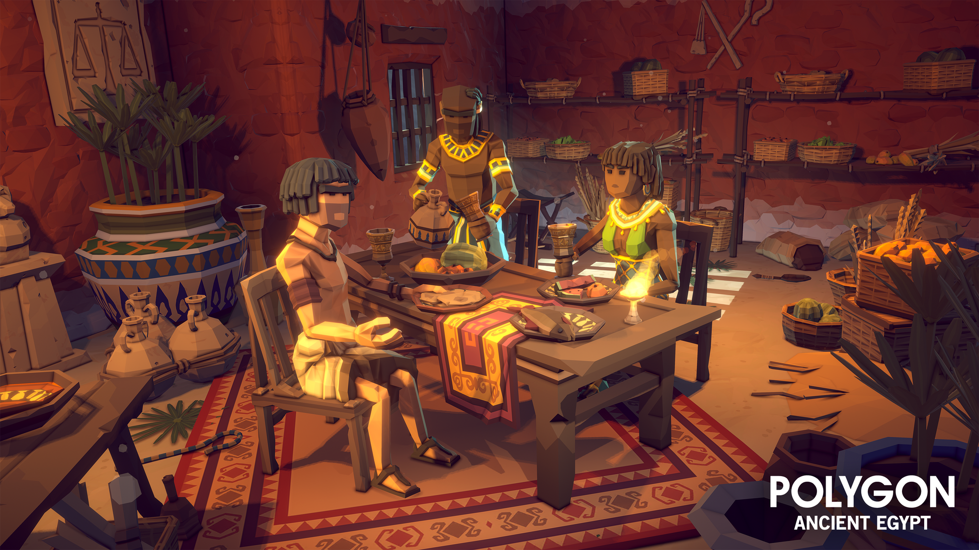 Three people at a dinner table eating and drinking wine in an ancient Egyptian house