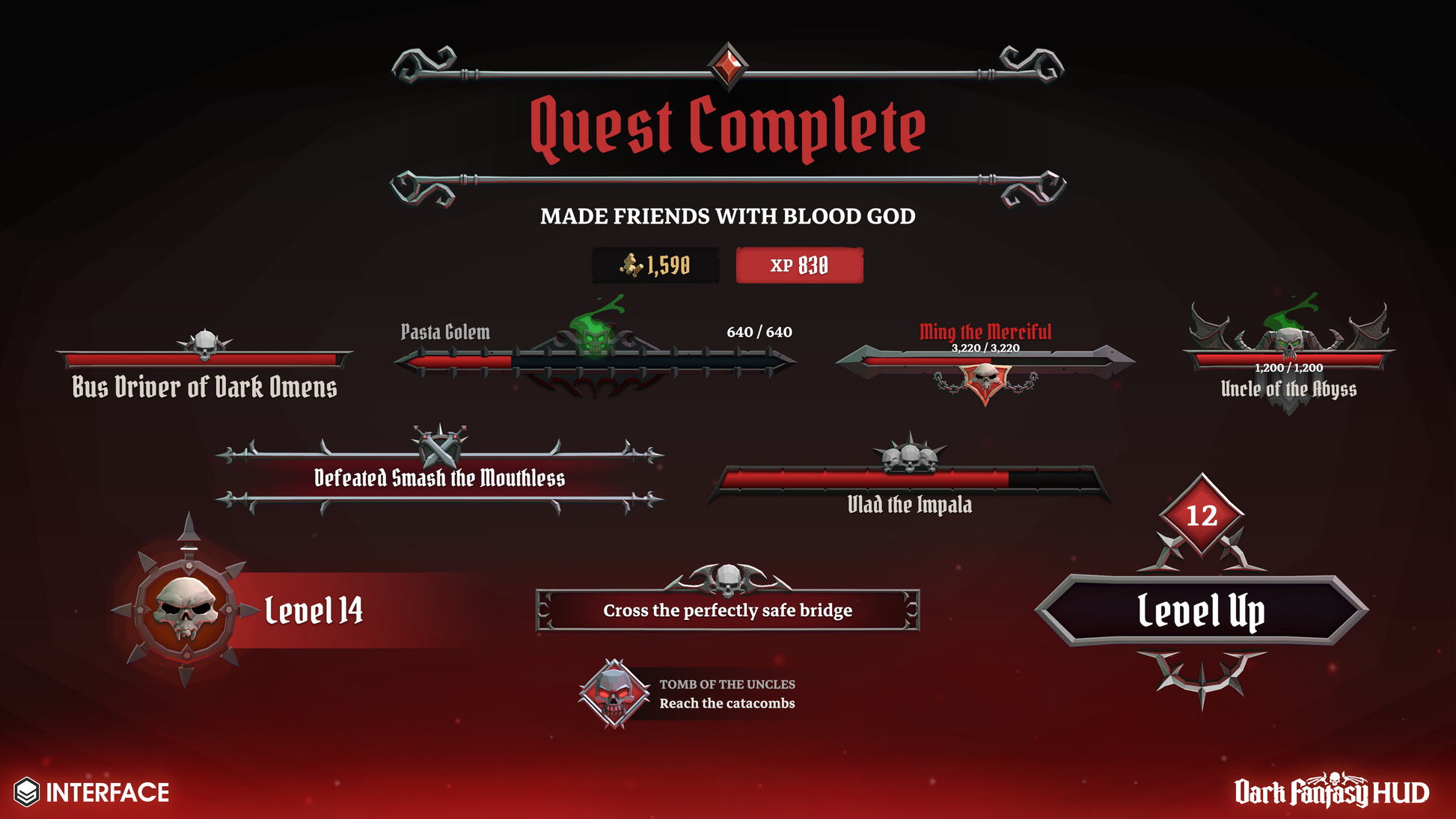Game interface showing Quest Complete with character stats and levels on a dark background.