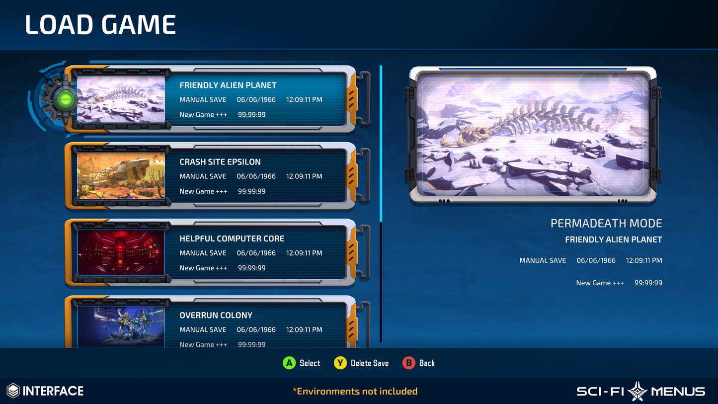 Sci-fi game menu screen with load game options