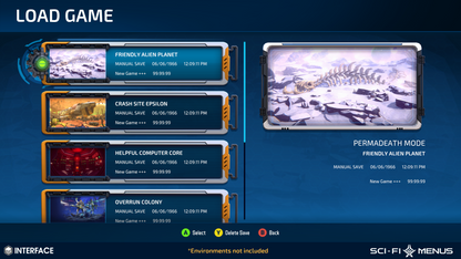 Sci-fi game menu screen with load game options