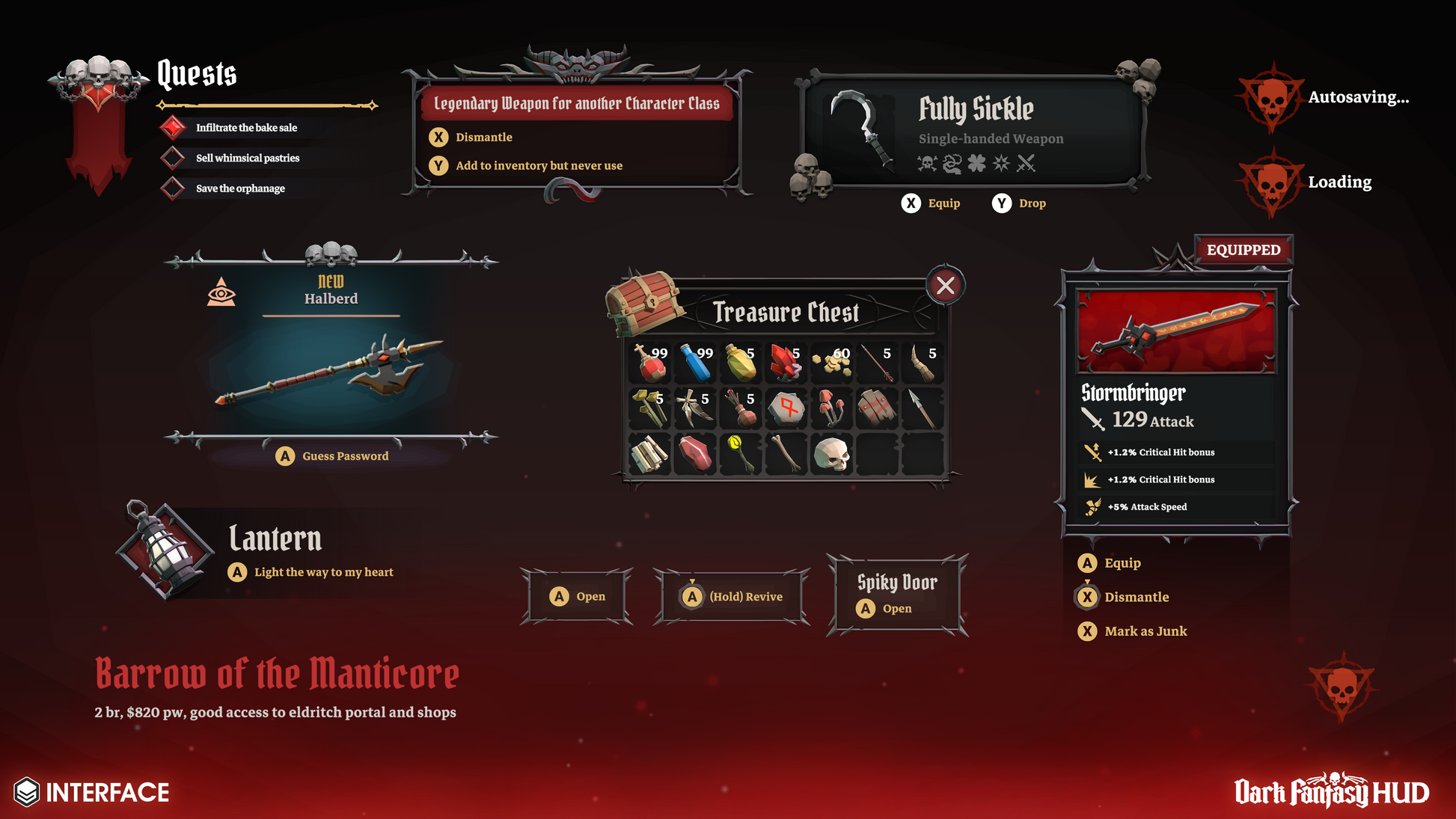 Game interface with character stats, equipment, and quest information on a dark background.