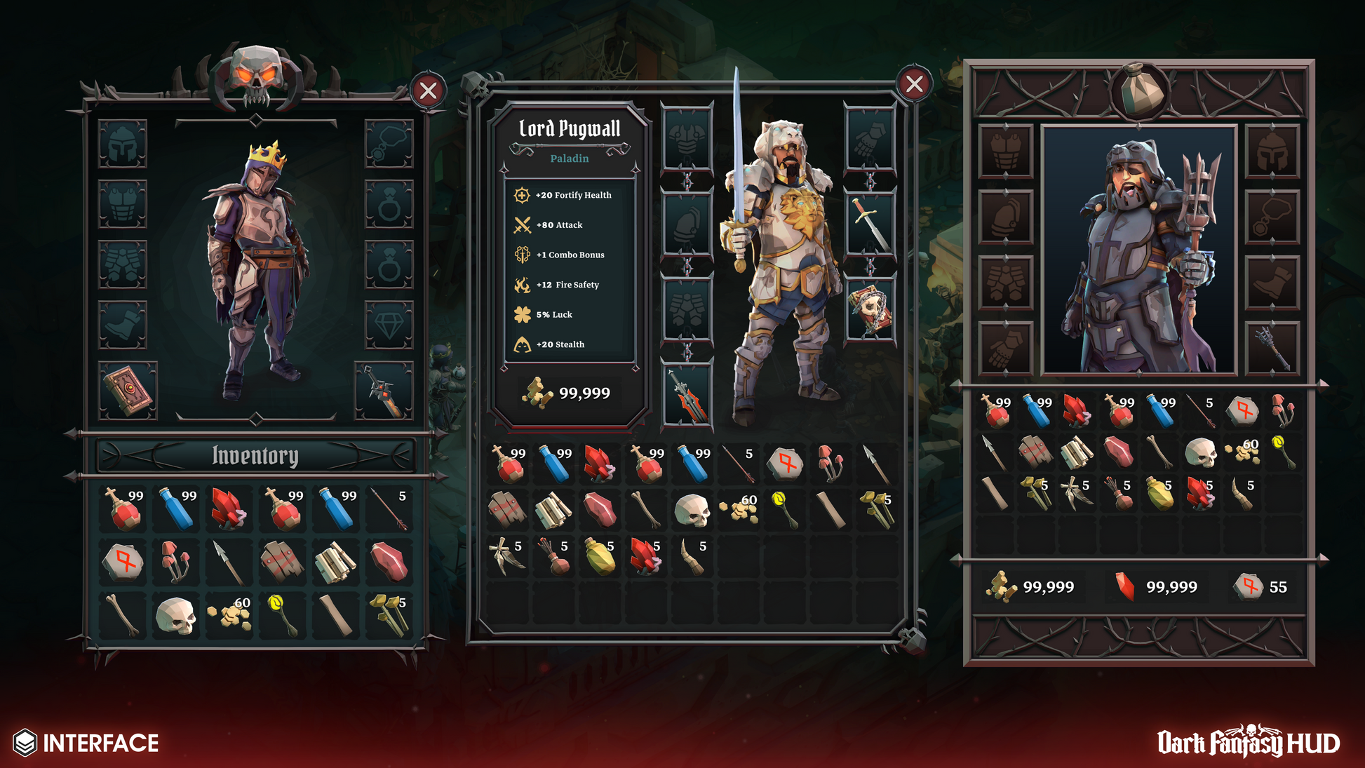 Game interface showing medieval characters and their stats and inventory in a dark fantasy setting