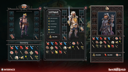 Game interface showing medieval characters and their stats and inventory in a dark fantasy setting