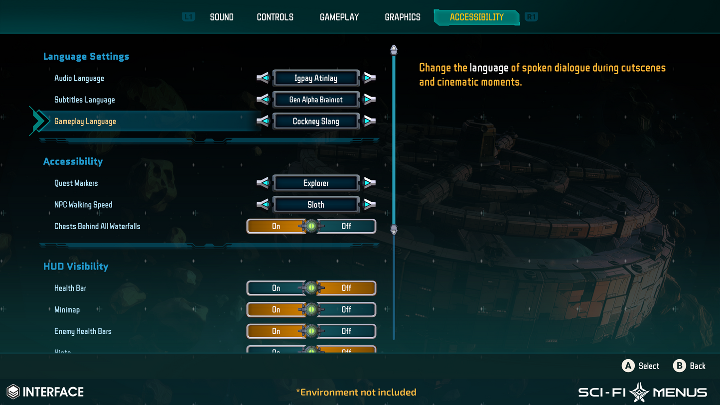 Game interface settings menu with options like language settings, accessibility, and HUD visibility.