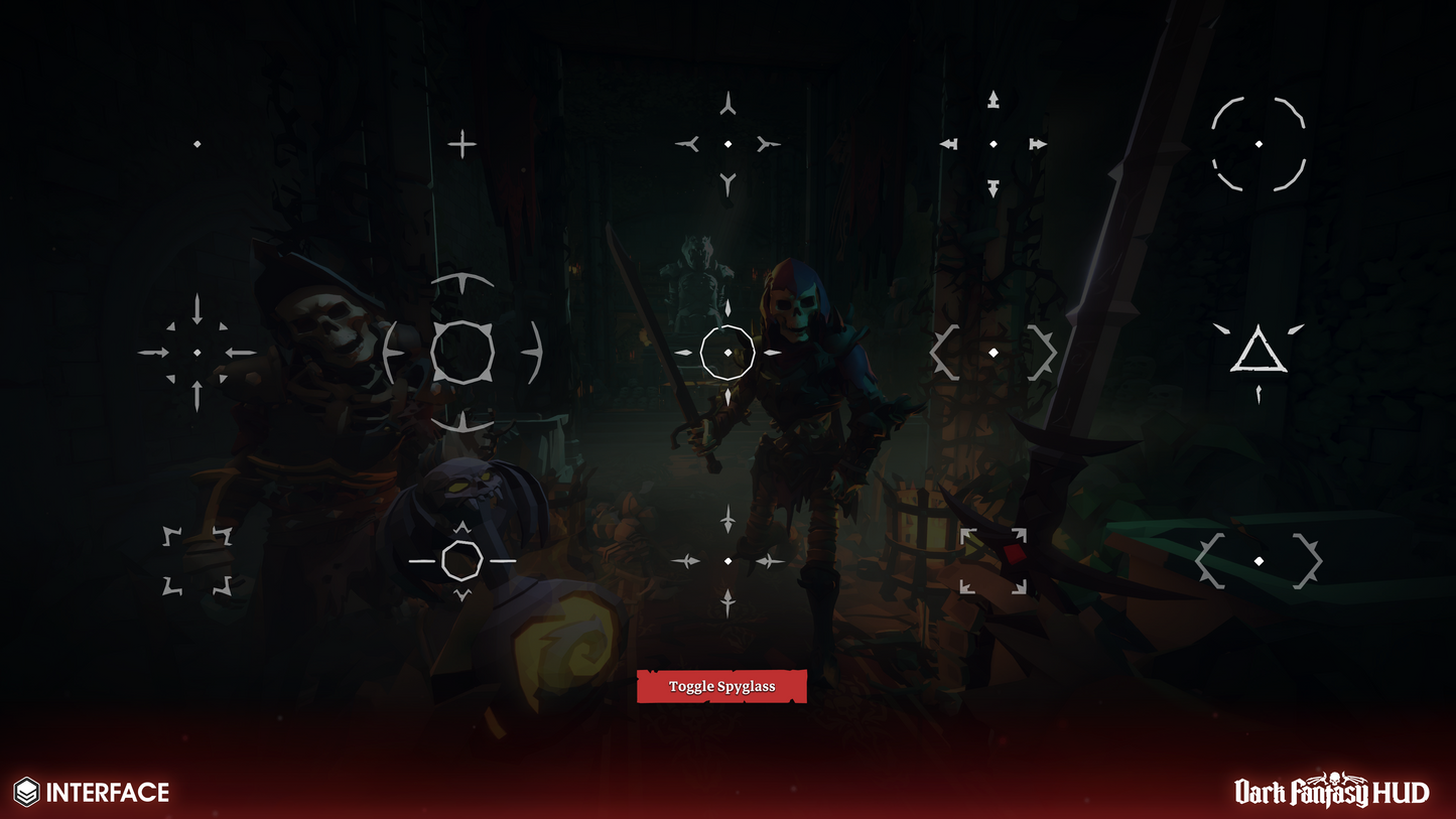 Dark fantasy game interface with character and menu options on a dark background