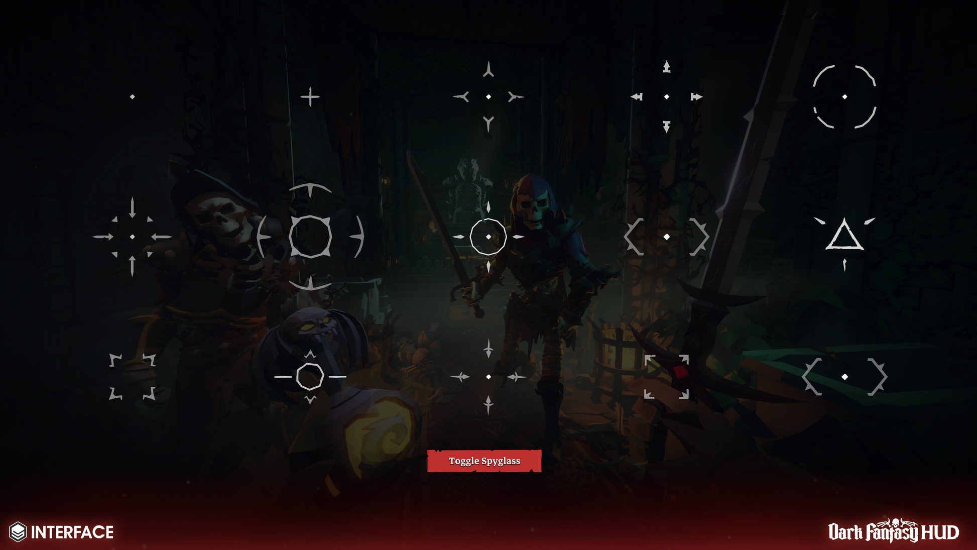 Dark fantasy game interface with character and menu options on a dark background