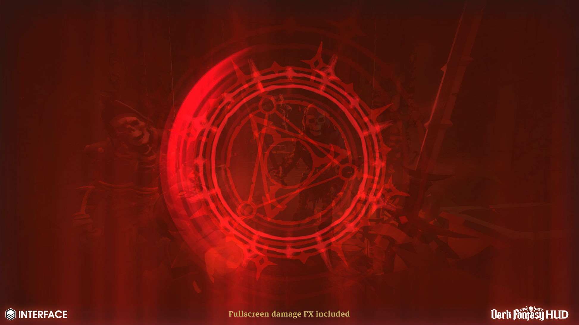 Red circular interface with intricate design on a dark background