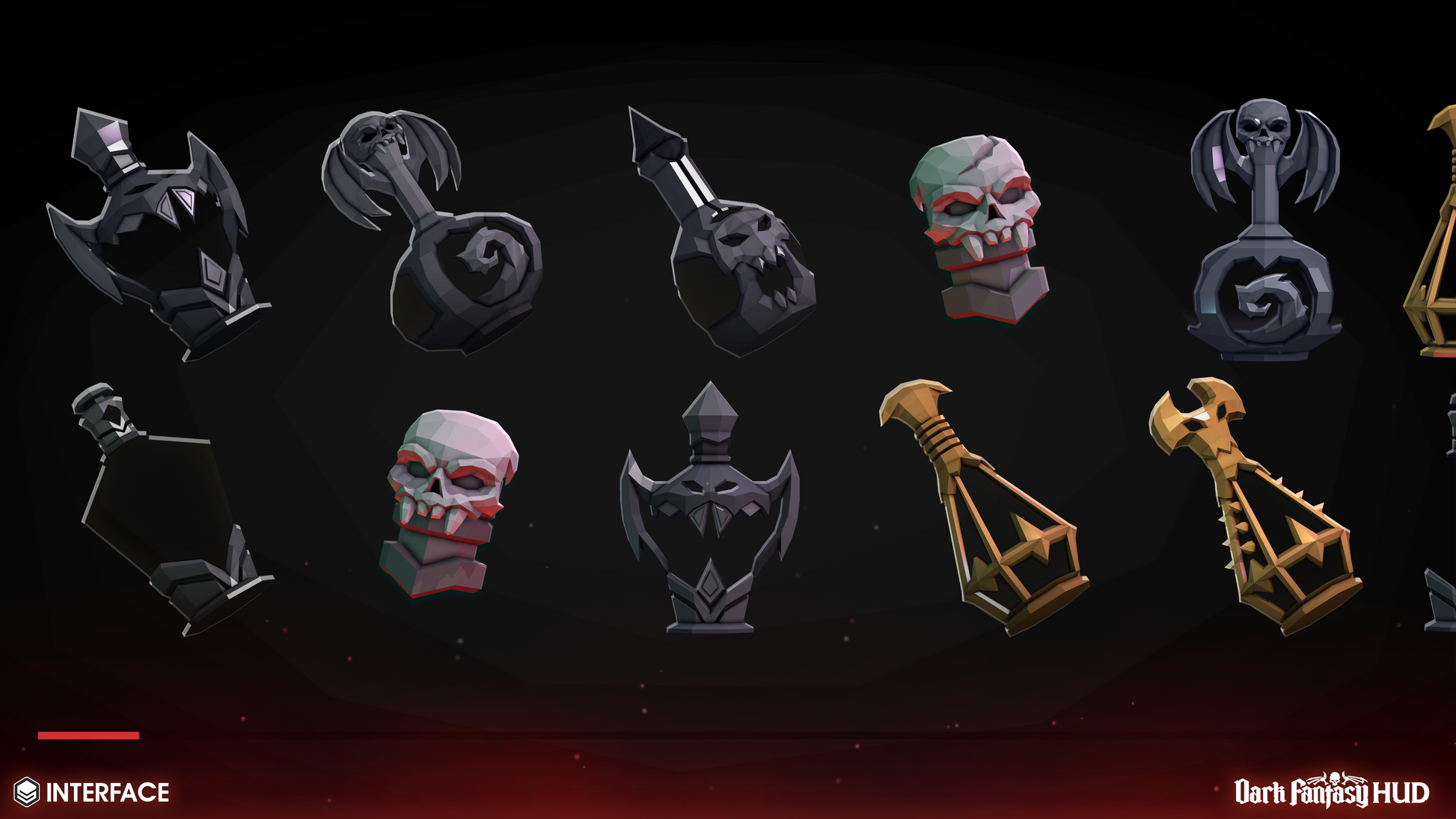 Set of dark fantasy interface elements on a black background with Dark Fantasy HUD branding.
