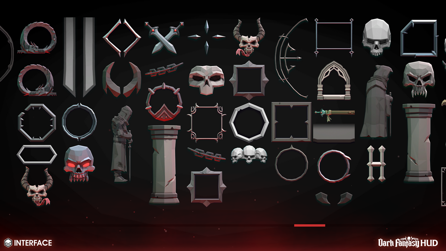 Dark-themed interface elements with skulls and geometric shapes on a black background.