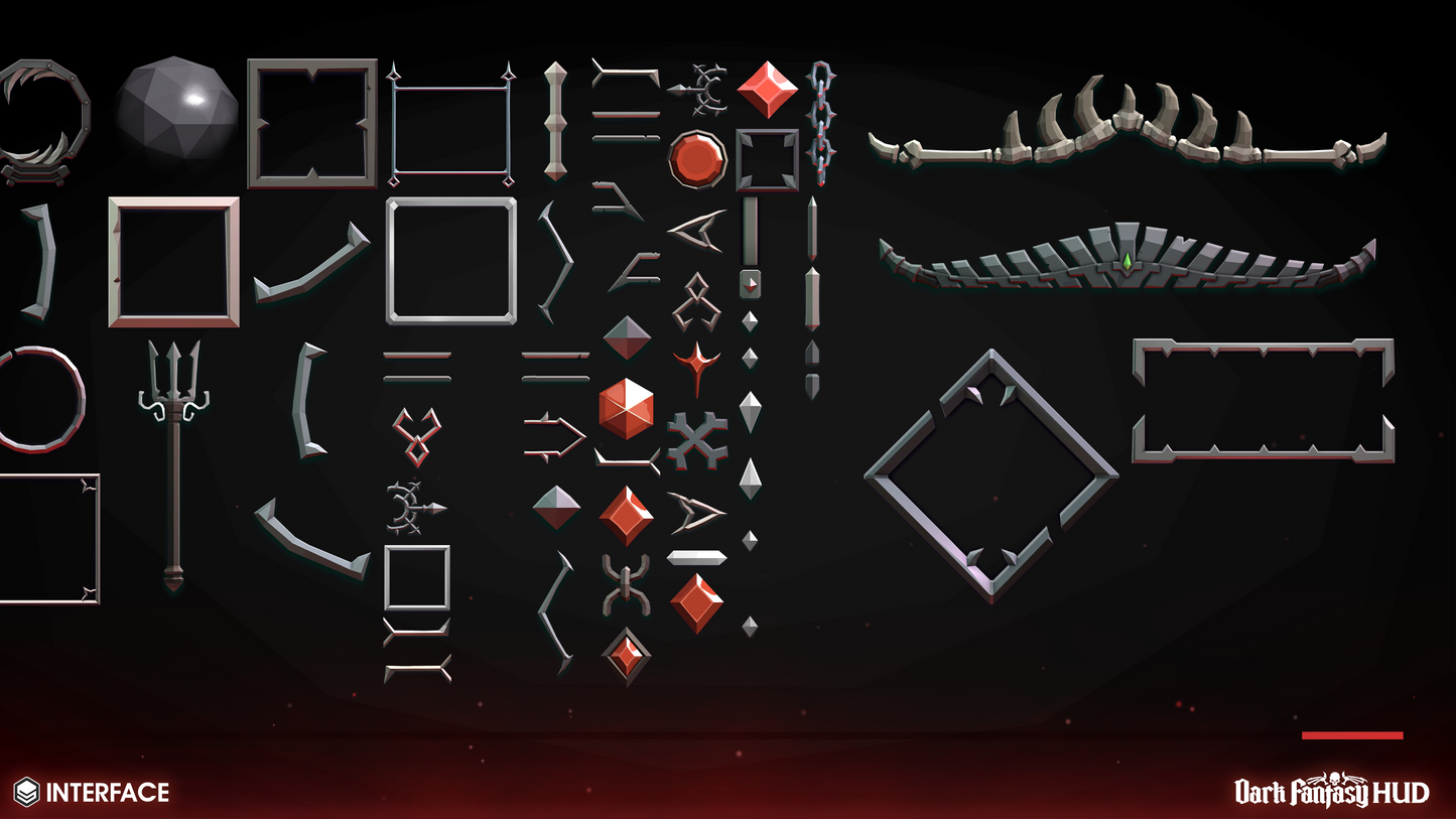 Dark fantasy interface elements and sprites on a black background